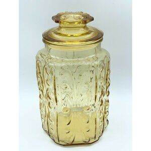 Vintage L E Smith Glass Canister Imperial Atterbury Amber Scroll 9” Jar
